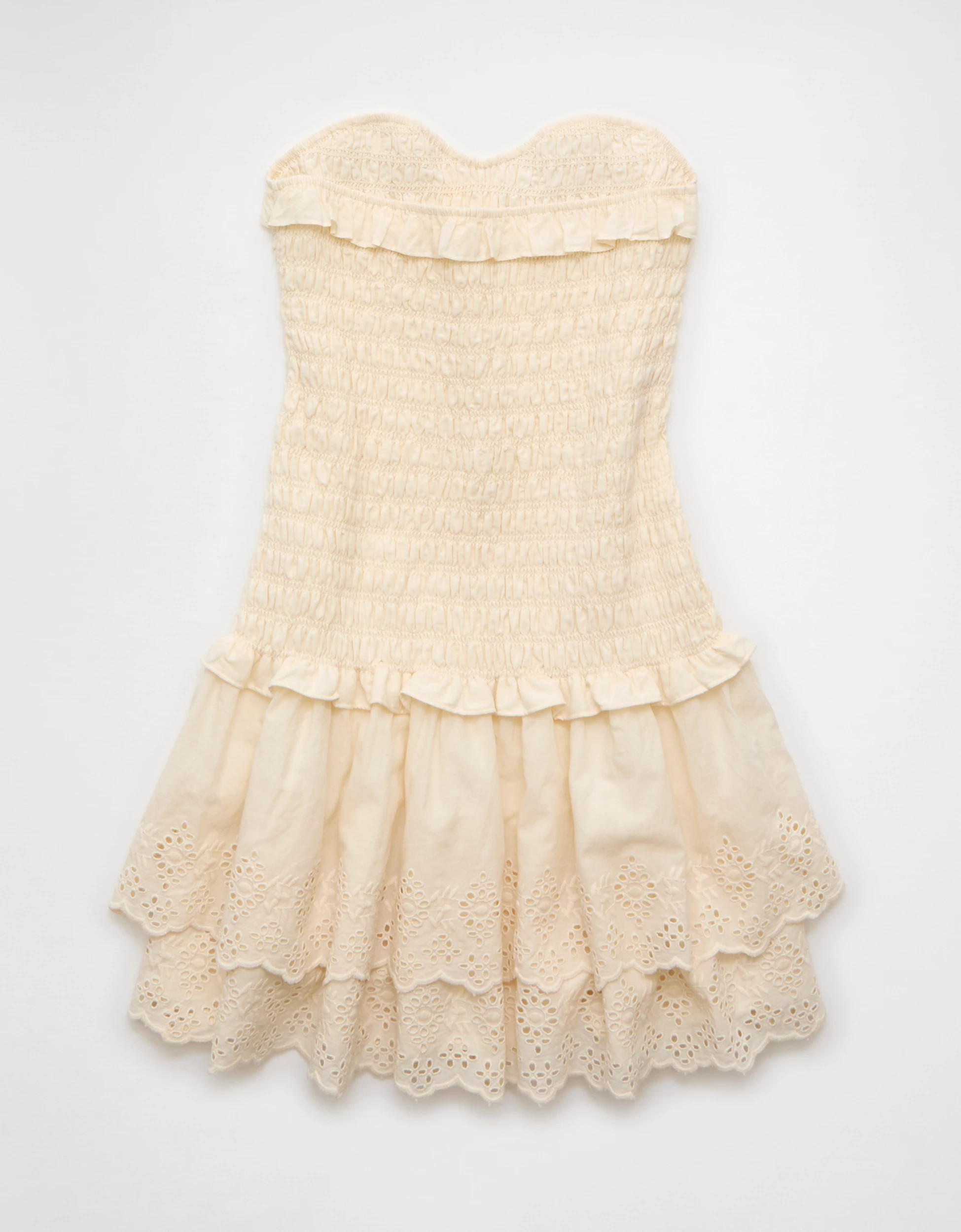 AE Strapless Smocked Ruffle Drop Waist Mini Dress | American Eagle Outfitters (US & CA)