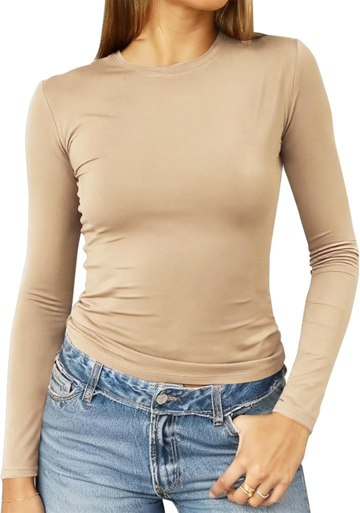 Abardsion Women's Long Sleeve Shirts Spring 2025 Casual Basic Going Out Crop Tops Slim Fit Tight ... | Amazon (US)