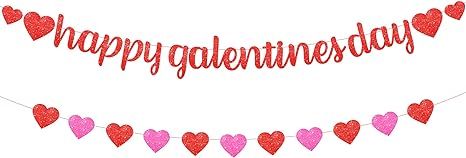 Glitter, Happy Galentines Day Banner - 10 Feet, No DIY, 2 Strings | Red Pink Glitter Heart Garlan... | Amazon (US)