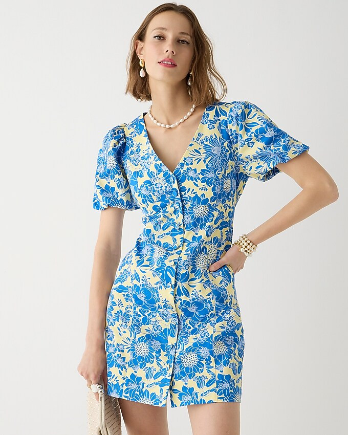 Button-front puff-sleeve mini dress in blue floral twill | J. Crew US