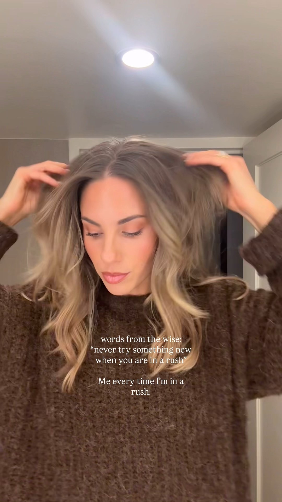 Anyone else?! 🫣🤣 it never fails, I impulsively try a new outfit or hairstyle when I have 5 minutes to be out the door. I consider myself type A… but this is giving type B for sure! 

#LTKgrwm #LTKHoliday #LTKootd