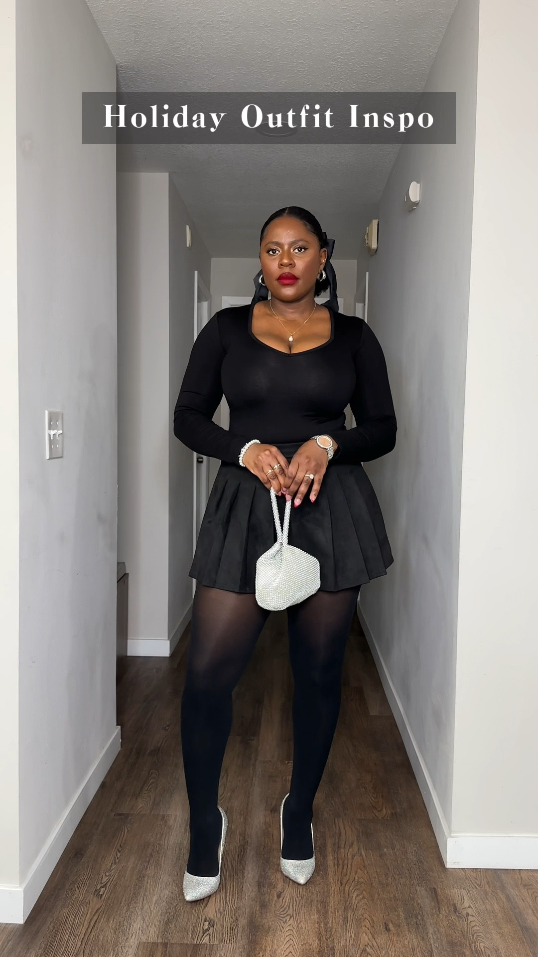 Simple outfit that screams holiday in elegance? Say no more. Black on black situation but the devil is in the details. Festive sparkly accessories to make it holiday appropriate!

#LTKstyletip #LTKHoliday #LTKfindsunder50