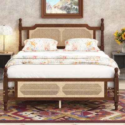 Queen Size Pine Wood Bed with Elegant Rattan Headboard and Footboard, Central Enhanced Platform with Spacious Underbed Storage | Target