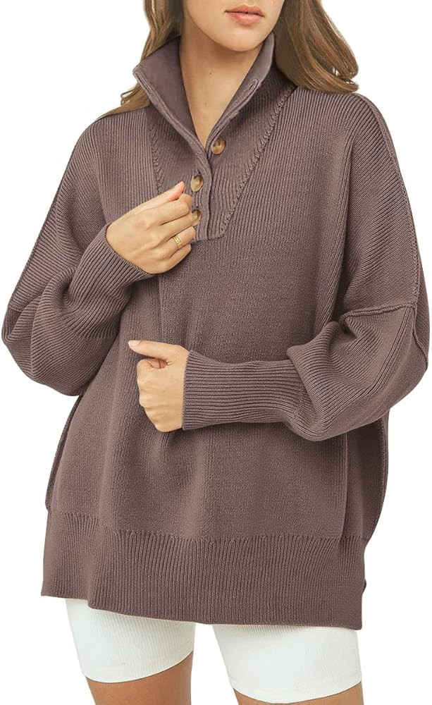 LILUSSORY Women's Long Sleeve Button Up Drop Shoulder Sweaters Fall Oversized Slit Side Knit Pullove | Amazon (US)