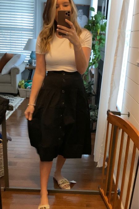 Love this midi skirt. Would be great to wear to work! 
Skirt size xsmall 
Top size small
Sandals size 8

#LTKsalealert #LTKstyletip #LTKunder50