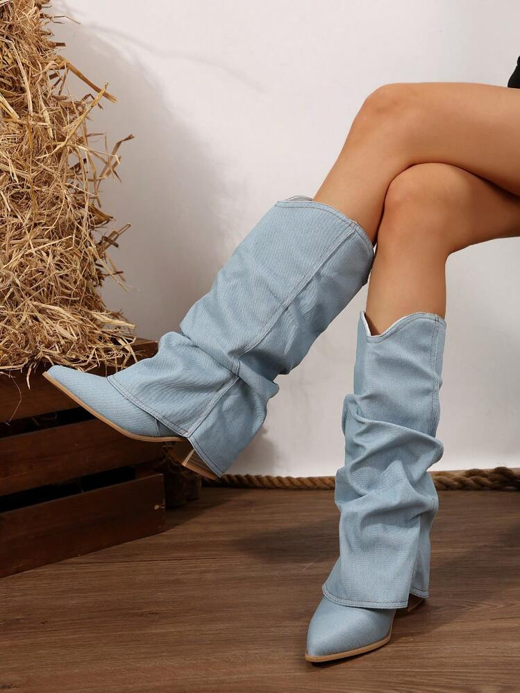 Neue Westlich-Inspirierte Spitze Blockabsatz Kniehohe Cowboystiefel Für Frauen, Retroflexibler Schaft Hoher Absatz Reitstiefel | SHEIN