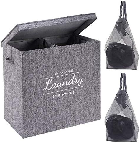 YOUDENOVA Double Laundry Hamper with Lid, Divided Dirty Clothes Basket with 2 Removable Liner Bag... | Amazon (US)