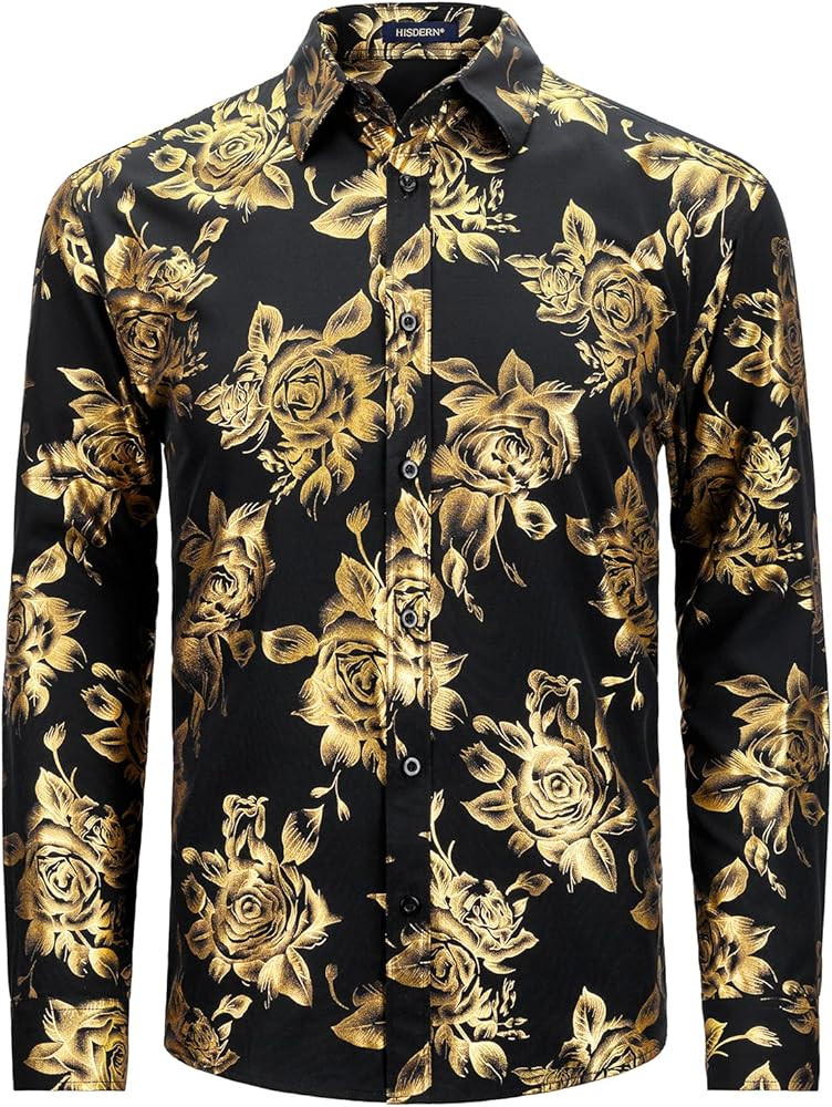 HISDERN Mens Shiny Gold Rose Printed Dress Shirts Luxury Disco Nightclub Long Sleeve Button Down ... | Amazon (US)
