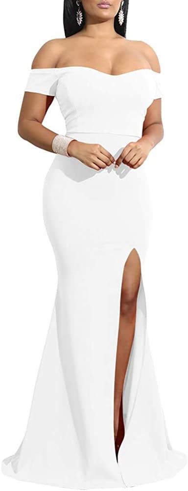 YMDUCH Women's Off Shoulder High Split Long Formal Party Dress Evening Gown | Amazon (US)