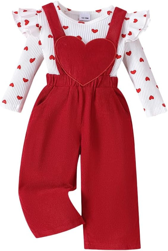 Toddler Baby Girl Valentine's Day Clothes Ruffled Sleeves Top Heart Bell Bottoms Flared Overalls ... | Amazon (US)