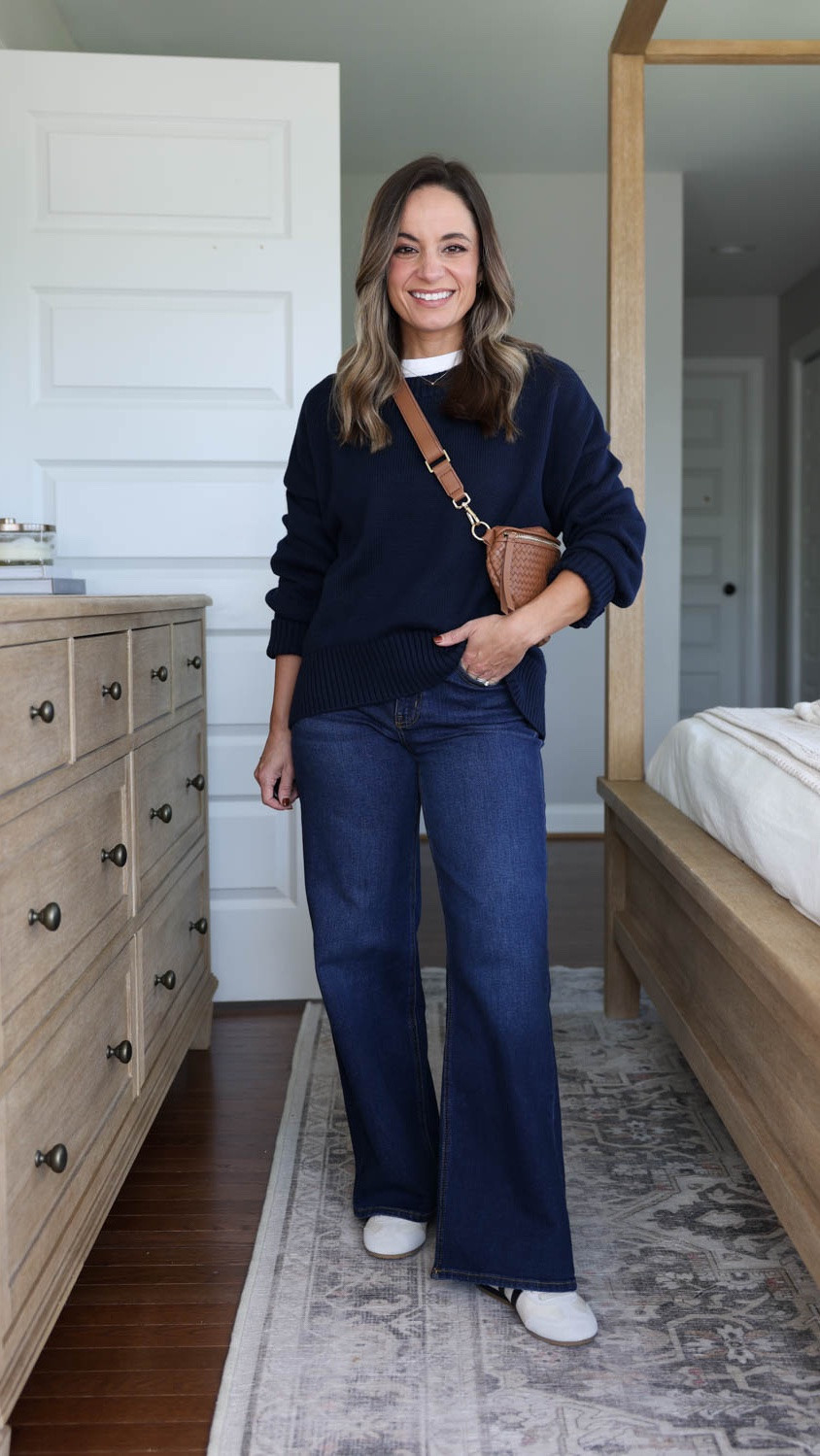 Three ways to wear a petite-friendly pair of wide-leg jeans from @Quince  #quincepartner 

I’m styling the Bella Wide Leg Jeans here. They’re high rise and come in inseam options, starting at 28”, the inseam I’m wearing here. They’re soft and stretchy and made with organic cotton!

Jeans: 24 Short in Midnight Blue / 10.5” average rise, 10” in the smaller sizes / 28” inseam in short
Cotton Cashmere Ribbed Tank: XS in Atlas Navy
Daphne European Leather Multi Keeper Belt: XS in Espresso
Penelope Tote: in Espresso Brown
100% Organic Cotton Boyfriend Crew Sweater: XS in Navy
Stretch Cotton Jersey Fitted Long Sleeve T-Shirt: XS in Soft White
Sloane Suede Handwoven Mini Shoulder Bag: in Sand
Organic Comfort Stretch Chore Jacket: XS in Rust
Sofia European Leather Skinny Belt: XS in Mushroom
Sloane Handwoven Sling Bag: in Cognac
Italian Leather & Suede Low Profile Sneaker: size up ½ size in Birch

#LTKPetite