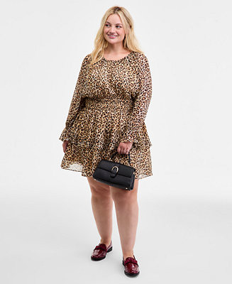Trendy Plus Leopard-Print Smocked-Waist Long-Sleeve Dress, Macy's Exclusive | Macy's