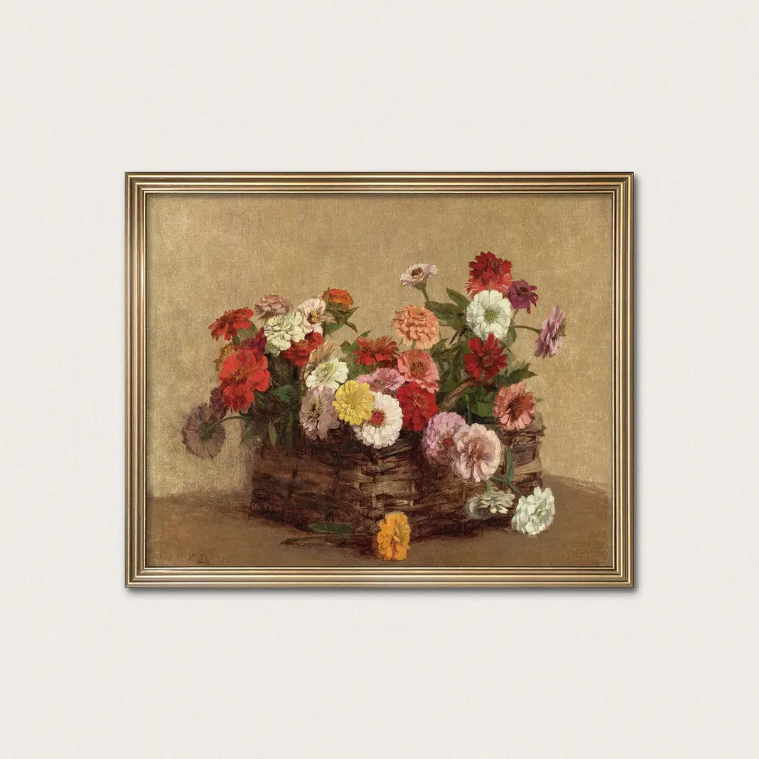 Zinnia Flower Print: Vintage Botanical Still Life in Rustic Basket | Etsy (US)