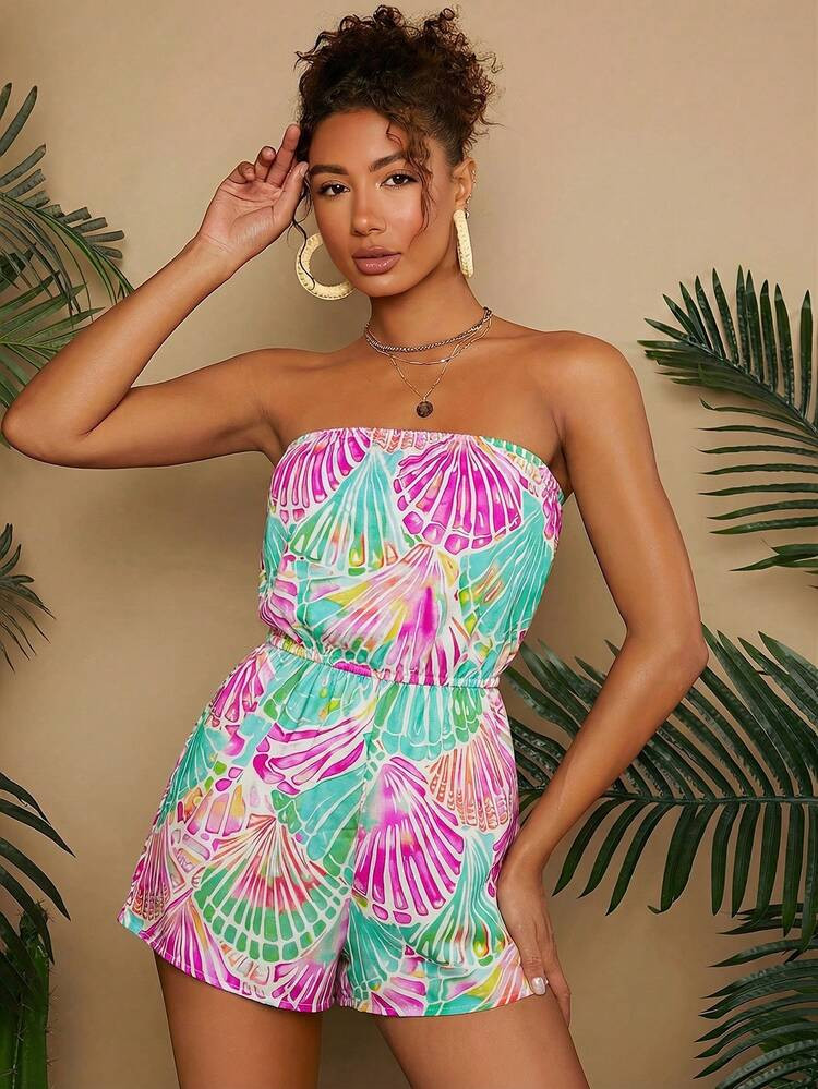 Travachic Holiday Summer Colorful Flower Pattern Strapless Women's Jumpsuit,Summer Spring Outfits, Beach Vacation Elegant Outfit, Dress | SHEIN
