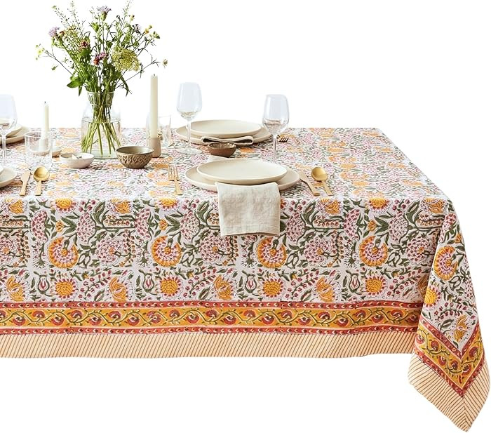 Clover Yellow 100% Cotton Rectangle Fall Tablecloth, Handblock Floral Print Linen Table Cloth for... | Amazon (US)