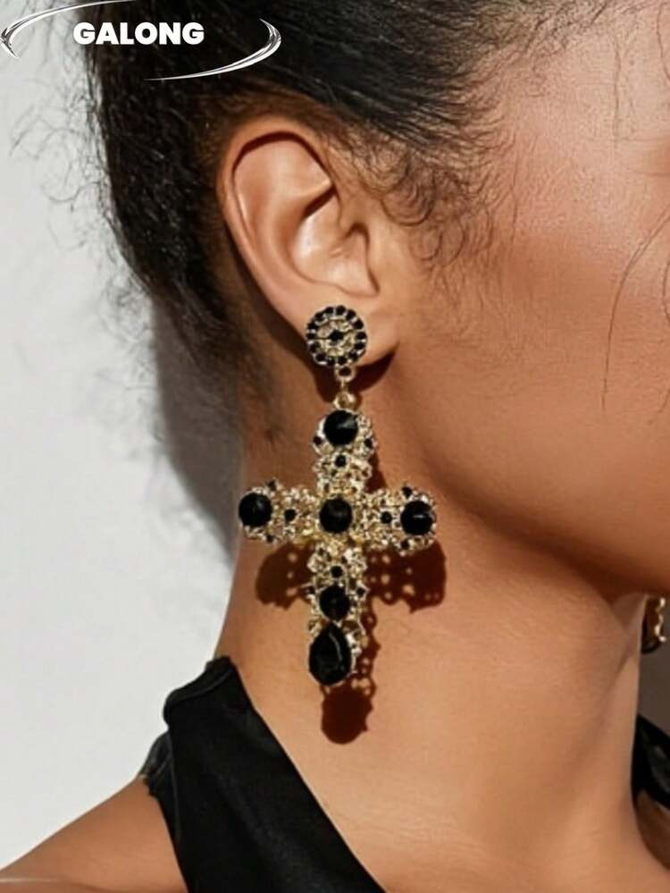 Gold Baroque Cross Earrings, Luxury Vintage Crystal Embedded Earrings, High-End Dark Queen Style, Eye-Catching For Banquet And Party | SHEIN