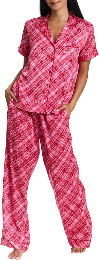 bebe Women's Silky Satin Pajama Set, Button Down Short Sleeve Sleepwear | Amazon (US)