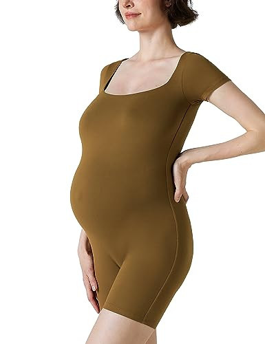 POSHDIVAH Women's Maternity Jumpsuit Square Neck Bodysuit Pregnancy T Shirt Tops Short Sleeve Romper Brown Large | Amazon (US)