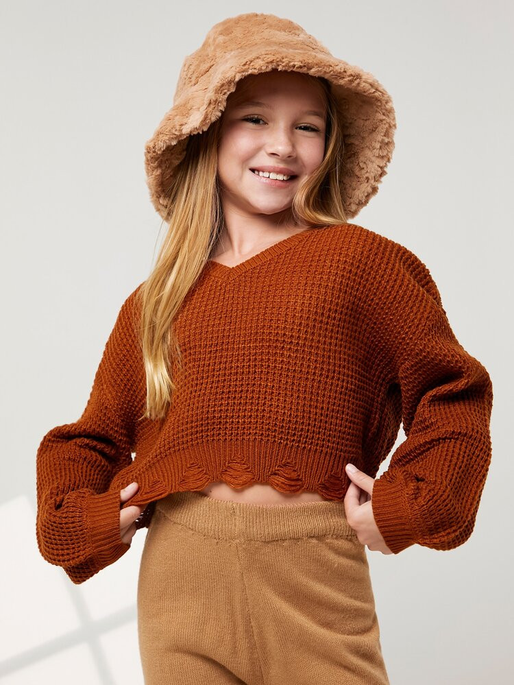 SHEIN Girls Drop Shoulder Distressed Sweater | SHEIN
