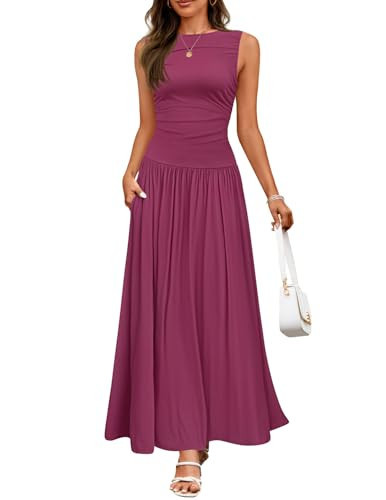 ZESICA Women's Summer Sleeveless Maxi Dress 2025 Casual Crewneck Pleated Flowy Long Dress with Pockets,Plum,M | Amazon (US)