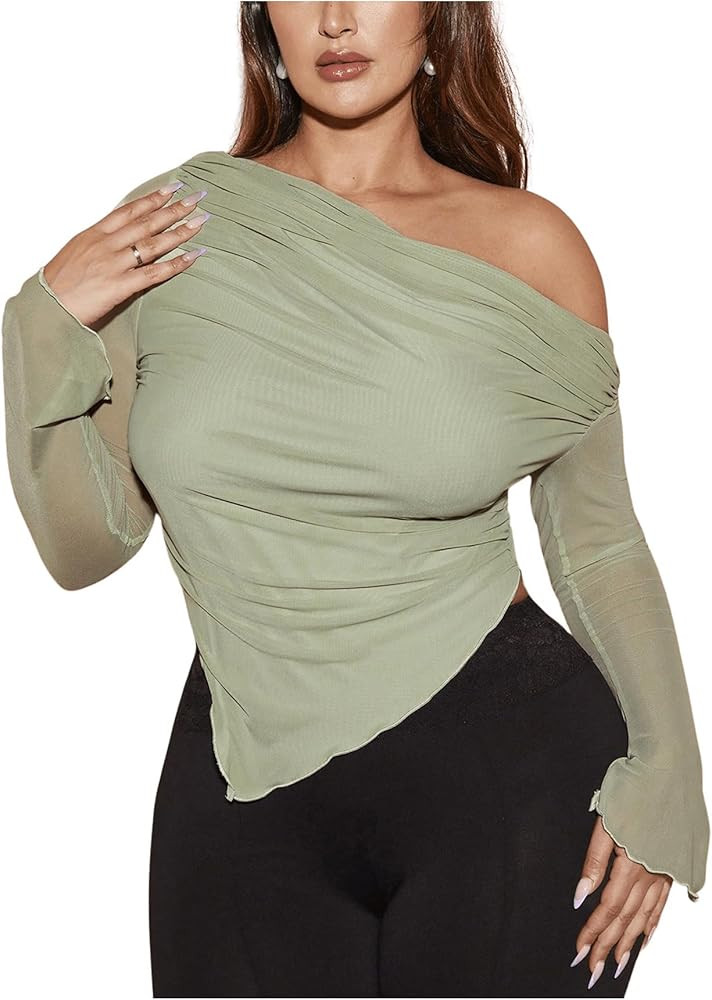 WDIRARA Women's Plus Size Off Shoulder Mesh Ruched Asymmetrical Long Sleeve Tops T Shirt | Amazon (US)
