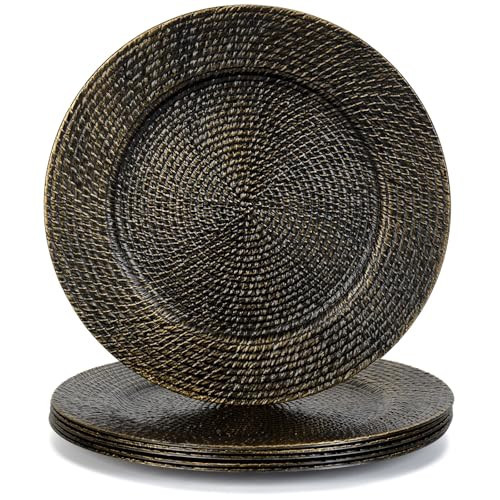 Kazozobi 13" Black Round Charger Plates Set of 6, Plastic Rattan Chargers for Dinner Plate, Festival Tabletop Decor Table Setting Centerpiece Bulk Event, Party | Amazon (US)