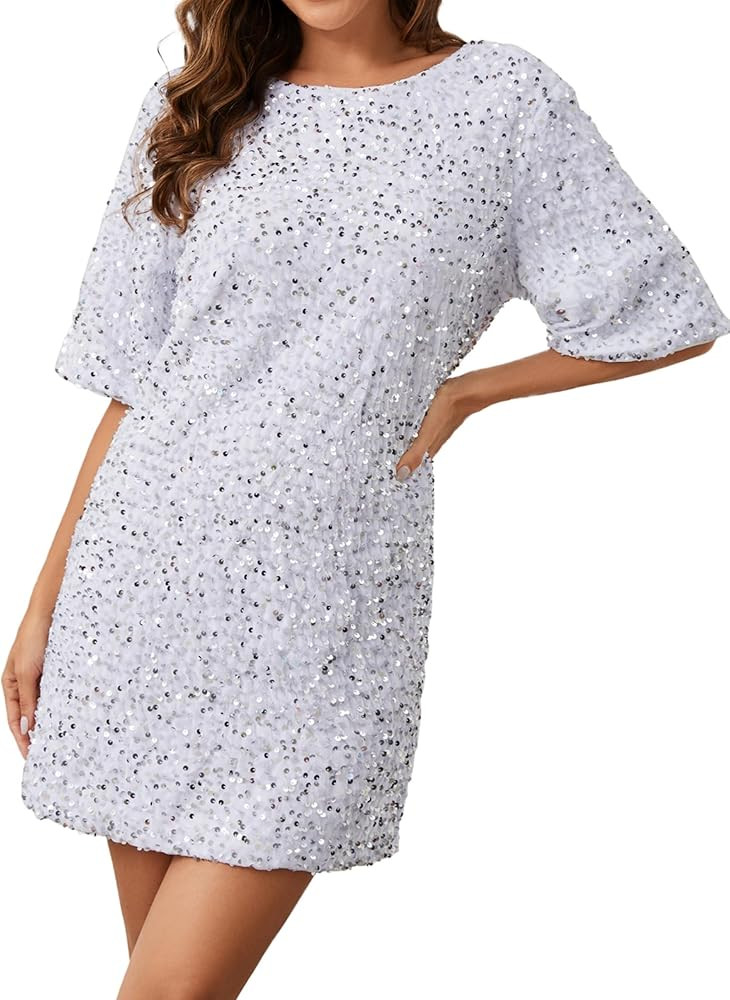 Women's Sparkly Sequin Shirt Mini Dress Party Club Dress Half Sleeve Crewneck Tie Backless Velvet... | Amazon (US)