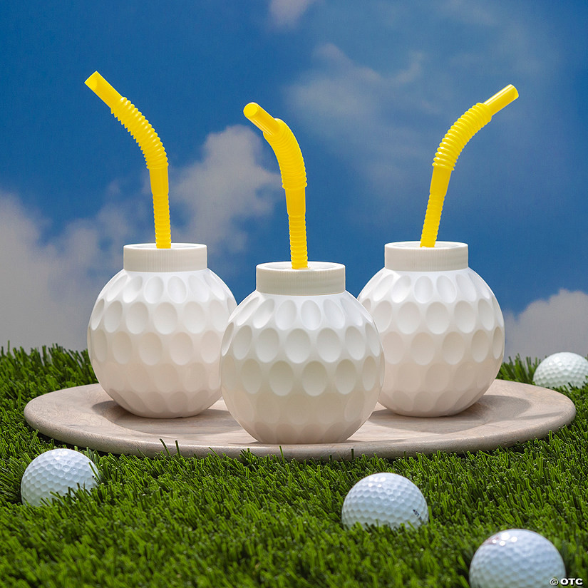 Golf Ball Molded BPA-Free Plastic Cups with Lids & Straws - 12 Ct. - Less Than Perfect | Oriental Trading Company