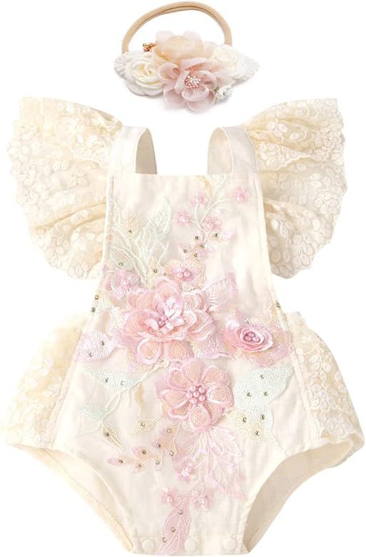 ODASDO Baby Girl Lace Romper Delicate Embroidery Backless Bodysuit with Flower Headband 2pcs Cake... | Amazon (US)