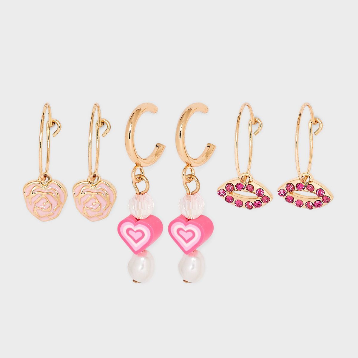 Lips and Mixed Beaded Heart Hoop Earring Set 3pc - Gold/Pink/Red | Target
