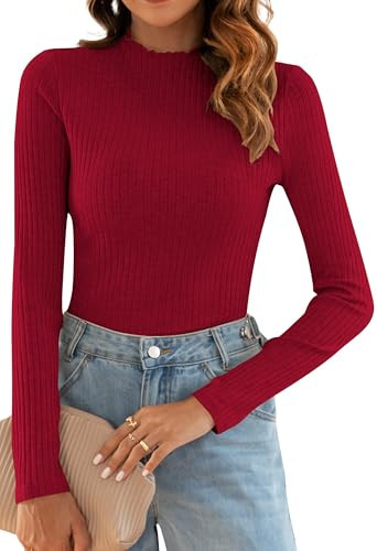 Poetsky Women's Turtleneck Shirts Ribbed Sweater Long Sleeve Going Out Tops Midweight Pullover Wine Red L | Amazon (US)