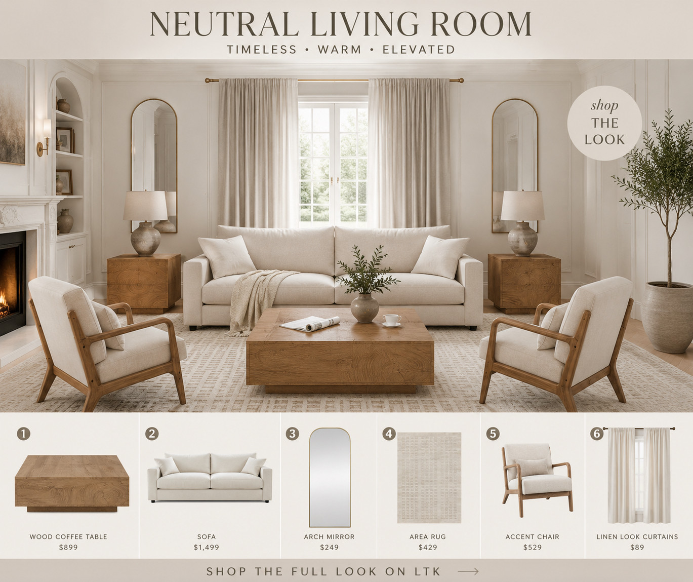Warm neutrals, natural wood, and timeless textures 🤎✨ Creating a living room that feels cozy, elevated, and effortlessly put together.

I pulled together all the pieces you need to recreate this look, from the creamy sofa and accent chairs to the statement mirrors, rug, curtains, and coffee table.

🔗 **Shop the full look on my LTK!**

#LTKHome #LTKFinds #NeutralHome #LivingRoomInspo #HomeDecor #NeutralDecor #CozyHome #LuxuryHomeInspo #LivingRoomDecor #HomeInspiration
 

 #LTKSeasonal #LTKHome #LTKSaleAlert