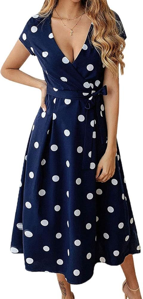 Women's Classic Cap Sleeve Long Dress Fashion Sexy V Neck Polka Dot Midi Dress | Amazon (US)