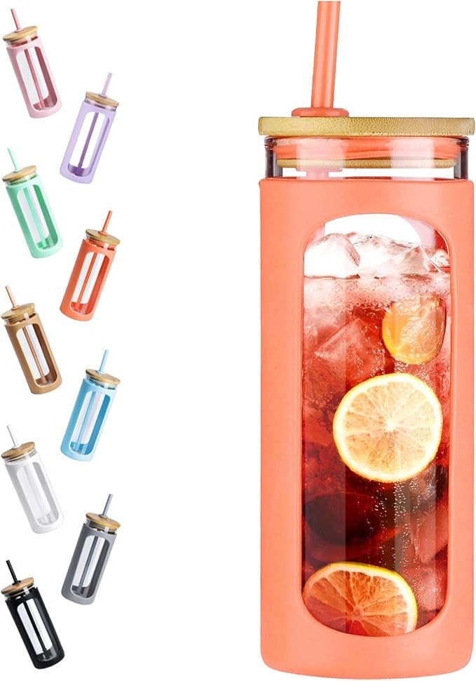 Kodrine 20oz Glass Water Tumbler with Straw and Lid, Bamboo Lids Water Bottle, Iced Coffee Cup Re... | Amazon (US)