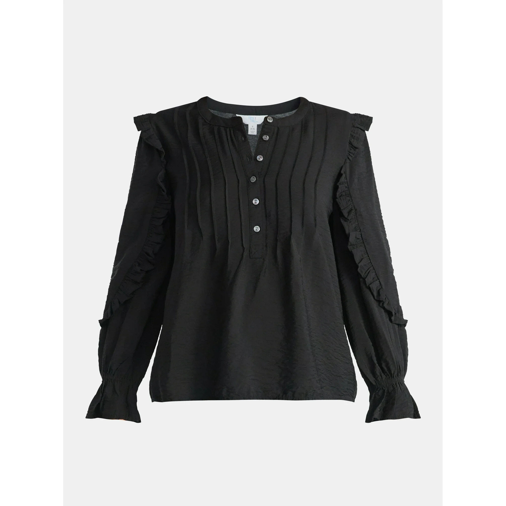 Time and Tru Women's Pintuck Ruffle Blouse with Long Sleeves, Sizes XS – XXXL | Walmart (US)
