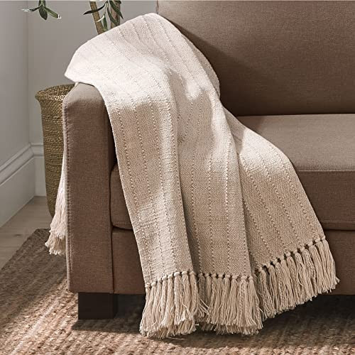 Nate Home by Nate Berkus Lightweight Textured Weave Cotton Throw Blanket | with Fringe Detail, Breathable, All-Season Decoration for Bedding from mDesign - 50" x 60", Natural (Taupe) | Amazon (US)
