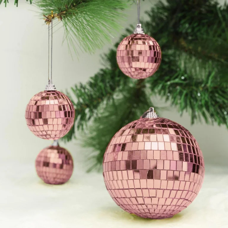 Efavormart 4 Pcs 4" Rose Gold Glass Mirror Disco Ball with Hanging String Christmas Ornaments - W... | Walmart (US)