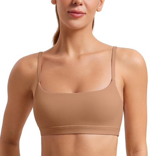 CRZ YOGA Womens Butterluxe Adjustable Spaghetti Strap Sports Bra - Scoop Neck Wireless Padded Yoga Workout Crop Top Gravel Beige X-Small | Amazon (US)