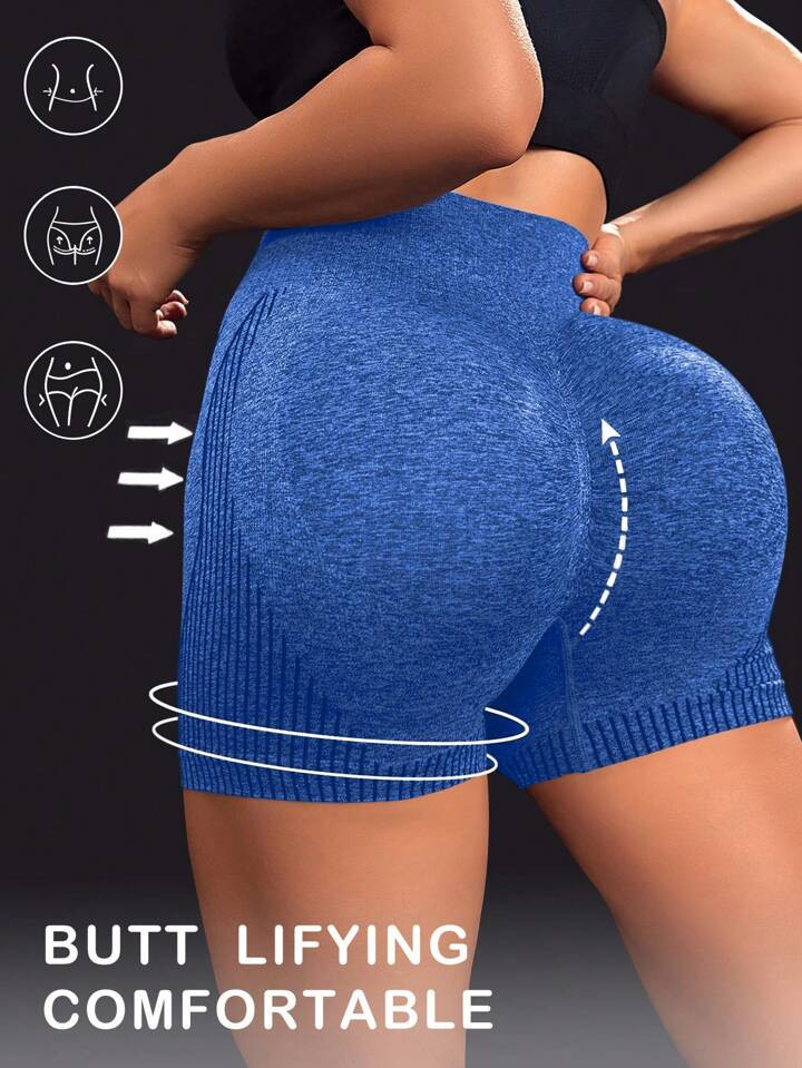 SHEIN Sport Studio Shorts deportivos azules de punto jaspeado de alta elasticidad con control de ... | SHEIN