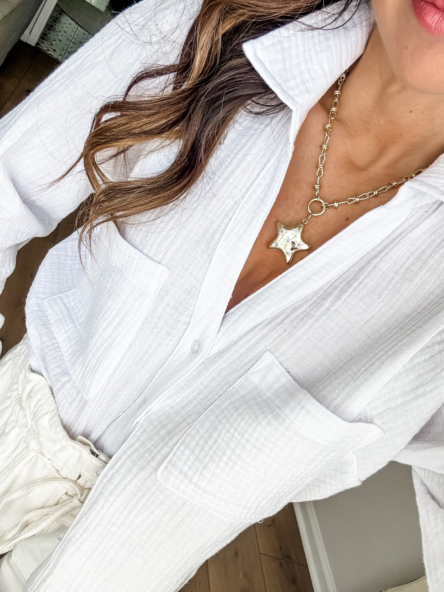 Code tammy10 at studio 4. Small white gauze button down shirt. Star necklace.

#LTKSaleAlert #LTKFindsUnder100 #LTKOver40