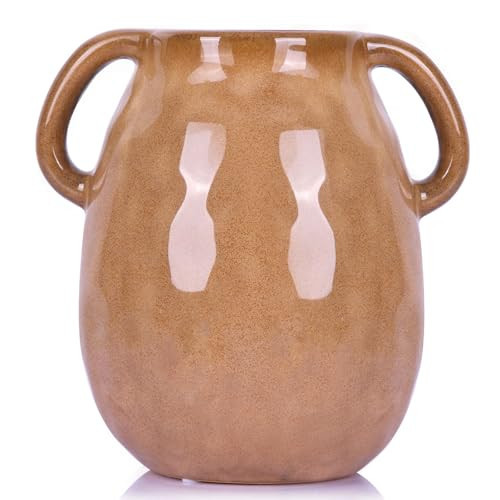 Brown Ceramic Vase with 2 Handles, Modern Rustic Farmhouse Brown Pottery Vase Home Decor, Living Room Decoration, Table Decoration, Fireplace and Entrance Decoration Centerpieces (1125-Brown) | Amazon (US)