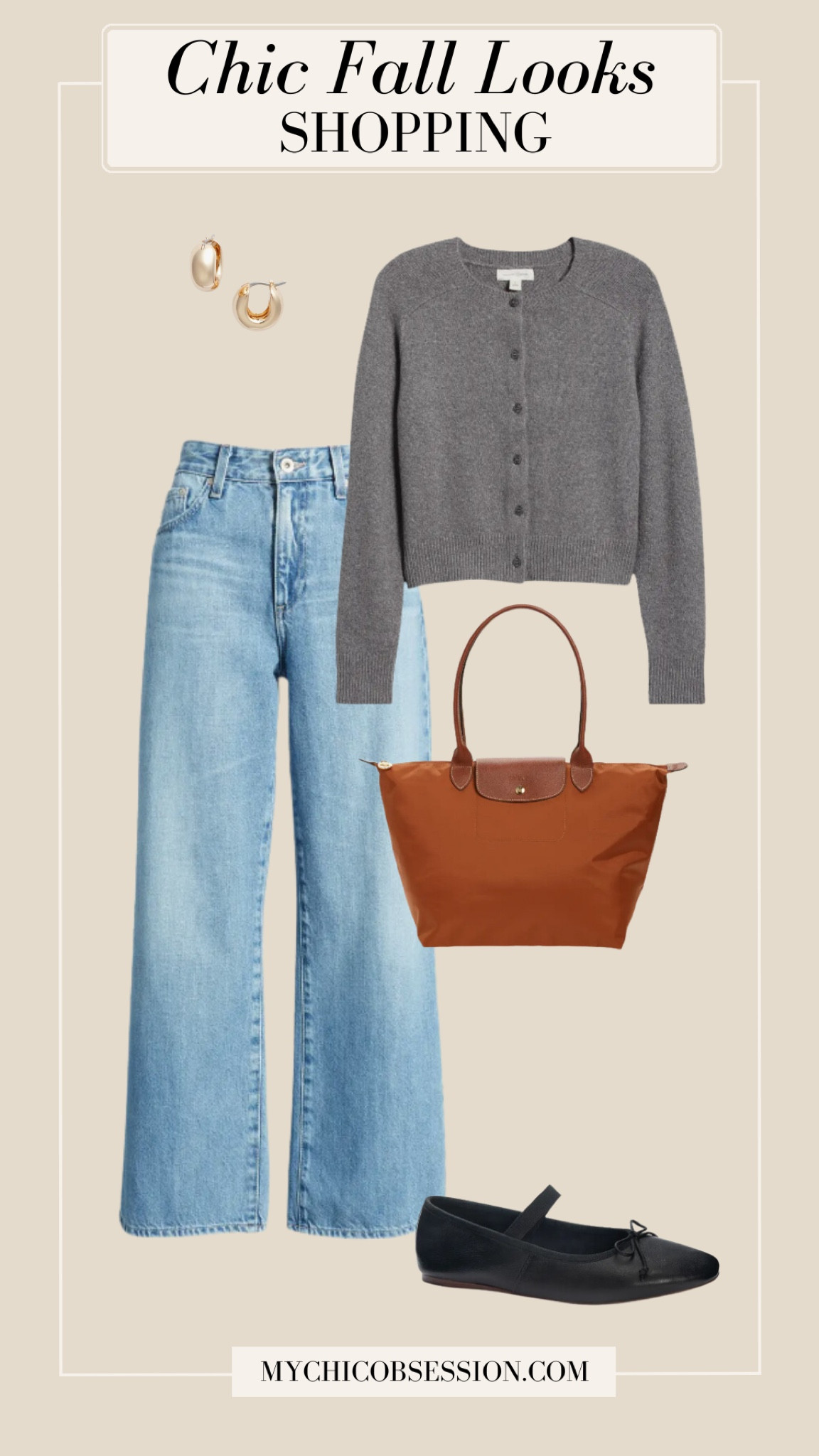 Style a classic fall look with pieces from the Nordstrom Anniversary Sale. Pair a gray cardigan with wide-legged jeans, and black ballet flats. Add a Longchamp Le Pliage tote and gold earrings to complete the look.

#LTKSeasonal #LTKStyleTip #LTKxNSale