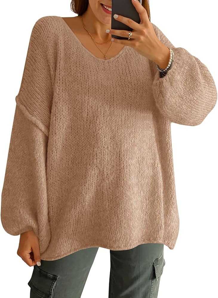 Saodimallsu Womens Oversized V Neck Sweaters Chunky Knit Lantern Long Sleeve Fall Winter Slouchy ... | Amazon (US)