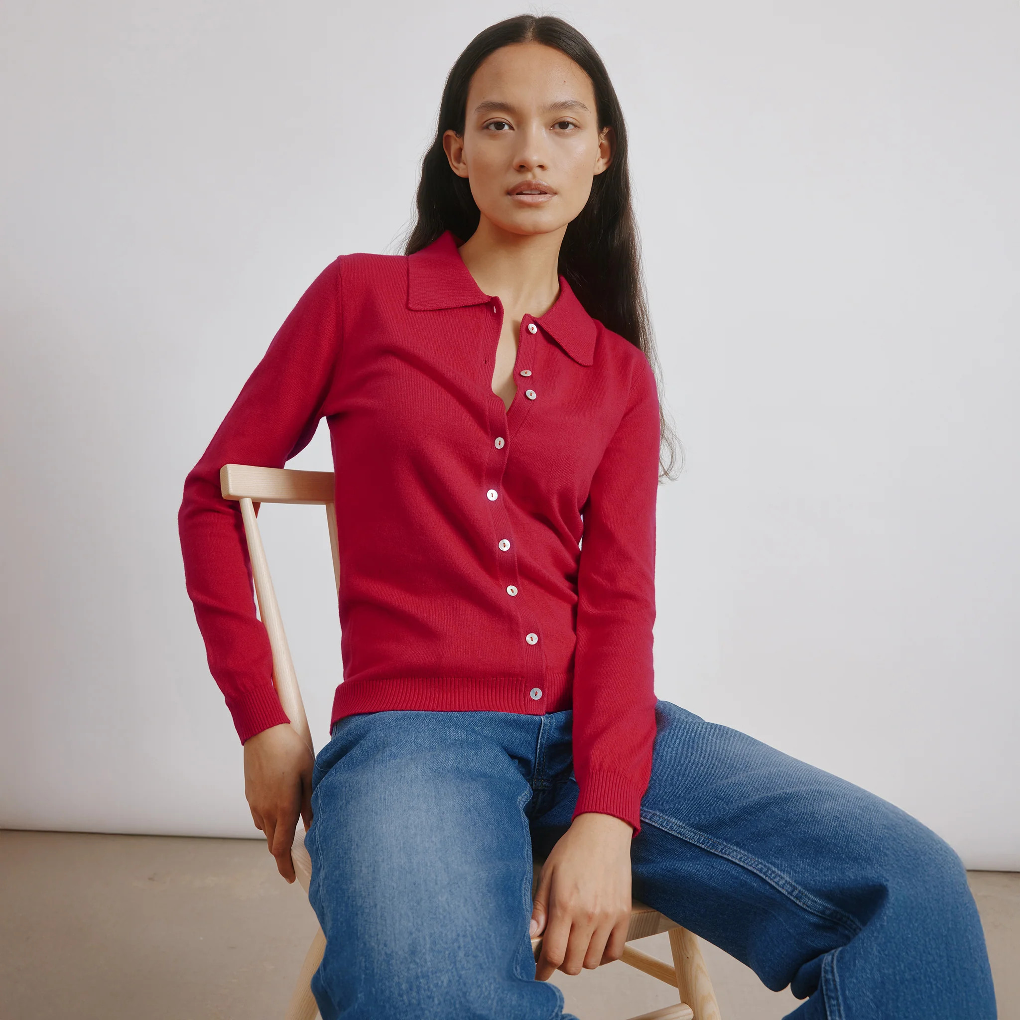 Red Fine Knit Polo Top | Albaray