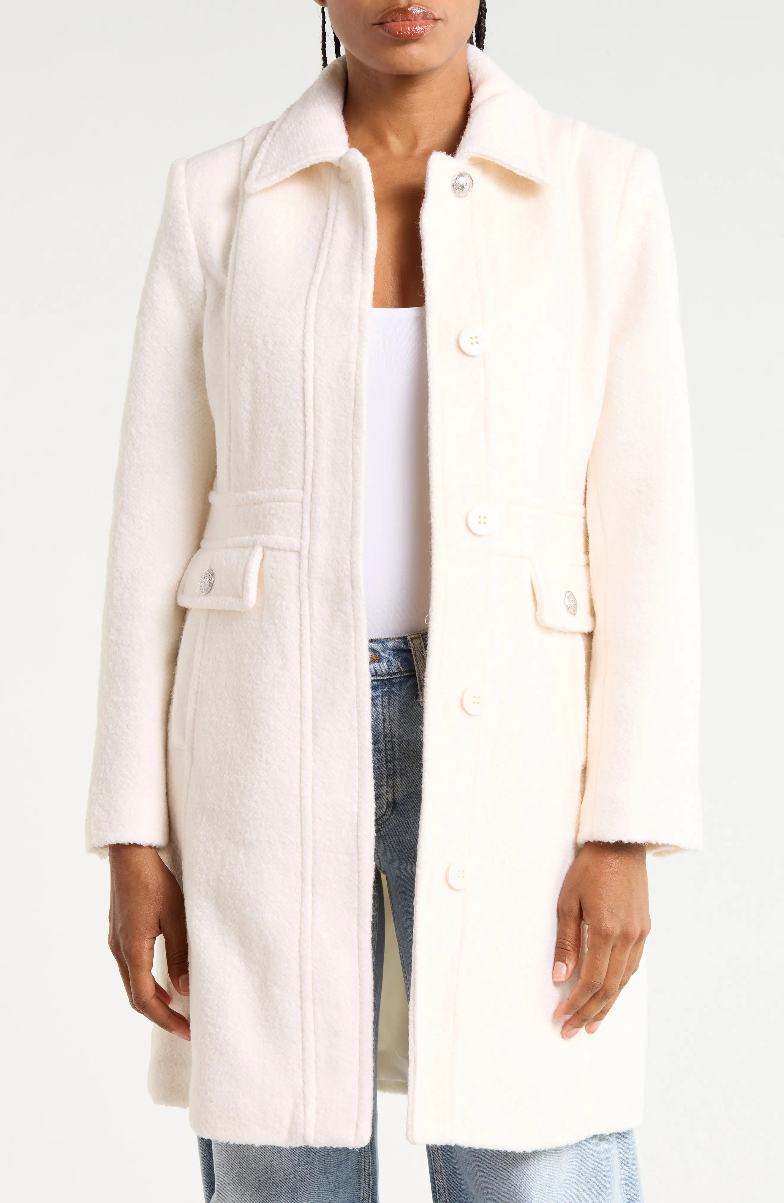 Sam Edelman Inset Waist Bouclé Coat in Modern Ivory at Nordstrom Rack, Size X-Large | Nordstrom Rack