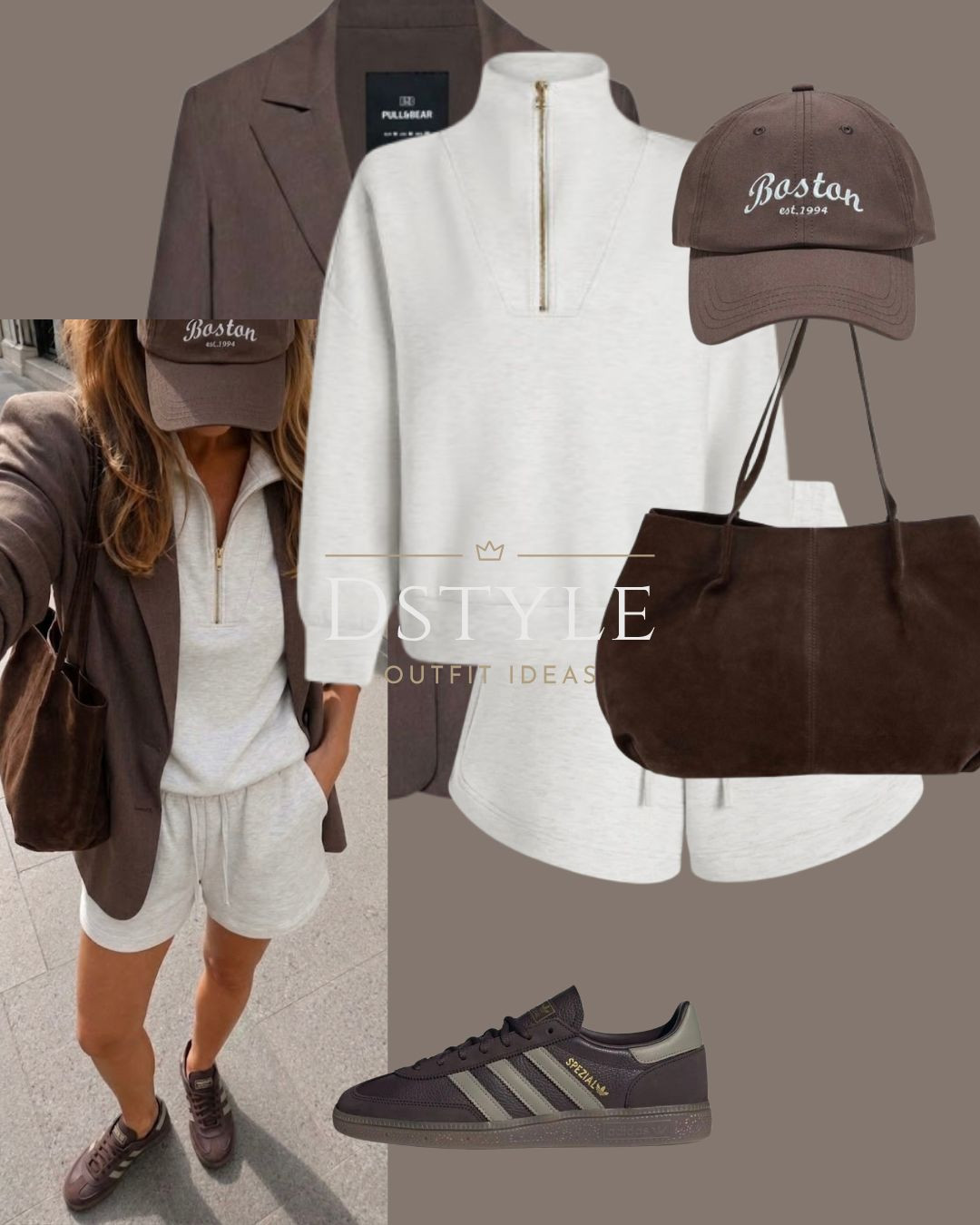 The ultimate transition outfit formula: lounge set + tailored blazer ☕️ 

Tags: sweat shorts set, oversized blazer, brown sneakers, transitional street style, casual chic outfit 

 #LTKootd #LTKmomlife #LTKTravel