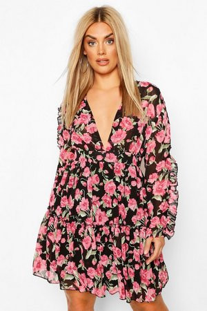 Plus Floral Print Ruffle Skater Dress | Boohoo.com (US & CA)