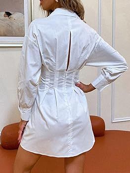 ZAFUL Women's Long Sleeve Lace-up A Line Shirt Dress V Neck Plunging Top Blouse Tunic Shirt Mini ... | Amazon (US)