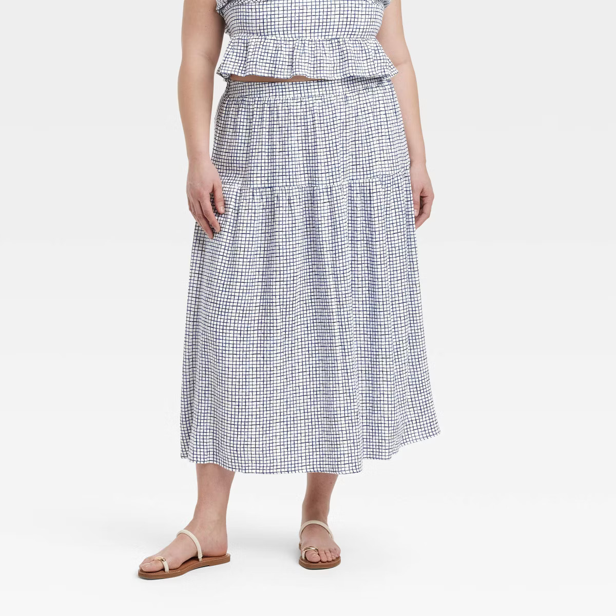Women's Tiered Maxi A-Line Skirt - Universal Thread™ Blue Gingham XXL: Rayon-Linen Blend, High ... | Target