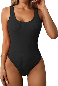 Limeeke Women One Piece Swimsuit Solid Ribbed Monokini Swimwear Scoop Neck Low Back Bathing Suit | Amazon (US)